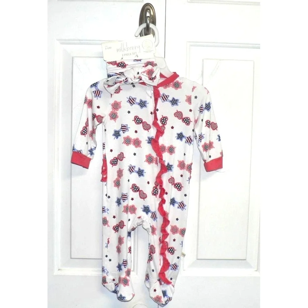 Milkberry Baby Girls 2 Pc Rayon from Bamboo Coveralls & Headband Sunglasses 3-6M